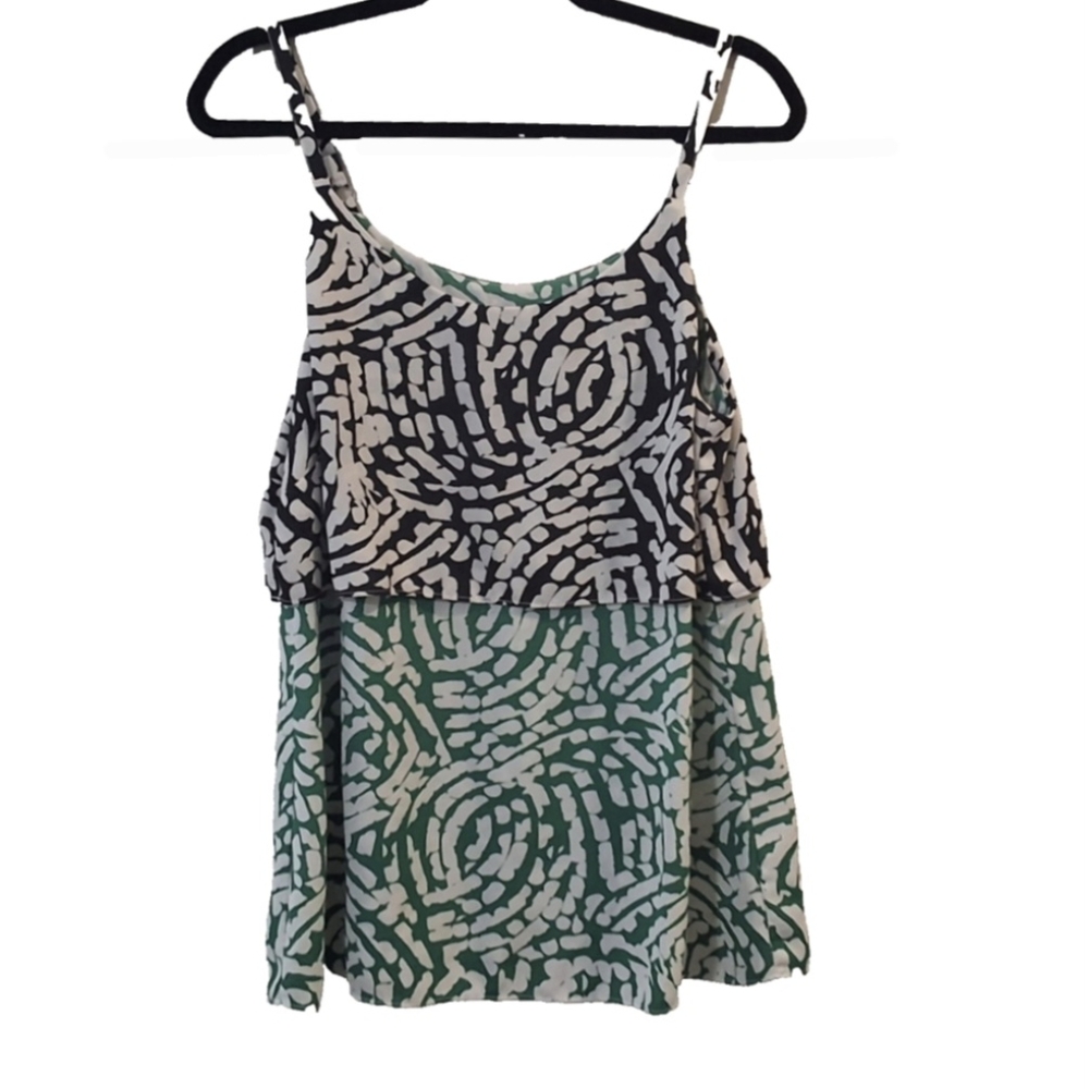 CAbi Women's Medium Hobnob Cami Spaghetti Strap Green & Black Tiered Layered Top